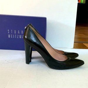 Stuart Weitzman black real leather shoes with comfy block heels silver logo US10